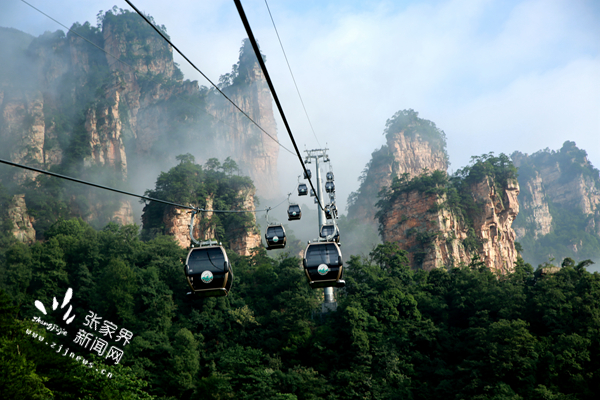 在發(fā)展旅游的同時，嚴(yán)格保護(hù)生態(tài)環(huán)境和森林資源。圖為天子山索道穿行在綠樹掩映的峰林間。（吳勇兵攝）_副本.jpg